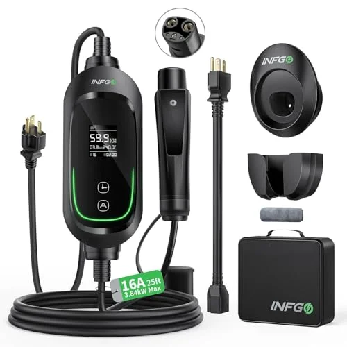 INFGO Level 1&2 Tesla Charger, 12A 120V/16A 240V, NEMA 5-15 & NEMA 6-20 Plug, Electric Vehicle Portable Charger with 25FT Cable, Home EV Charging Station for All Tesla Models